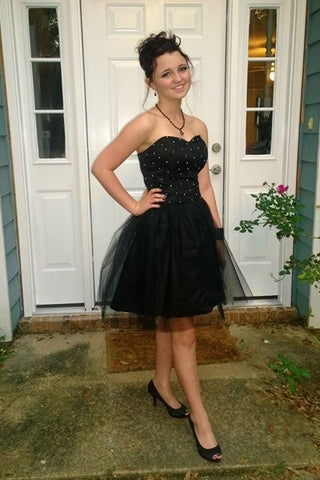 Sweetheart Short Black Lace Prom Dress, Black Lace Graduation / Homecoming Dress