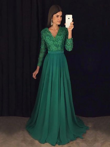 A Line V Neck Emerald Green Long Sleeves Prom Dress, Green Formal Dres ...
