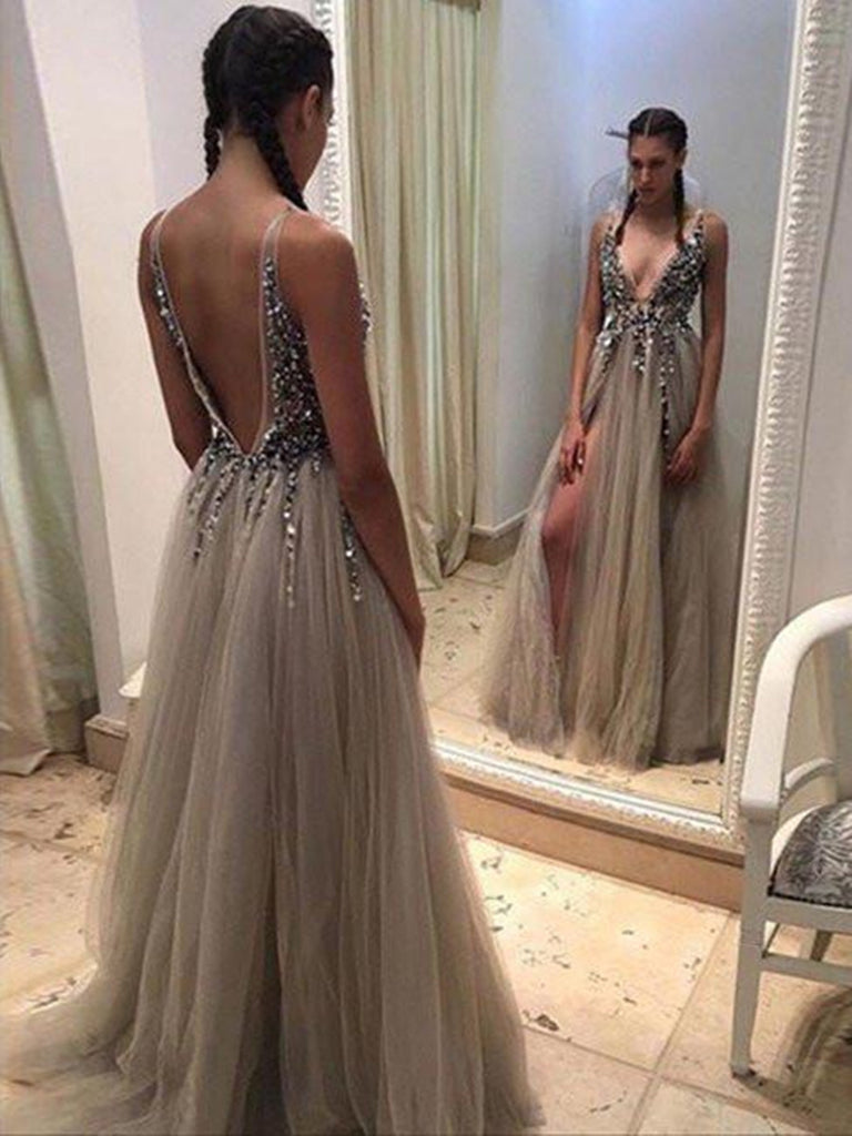 v neck open back prom dress