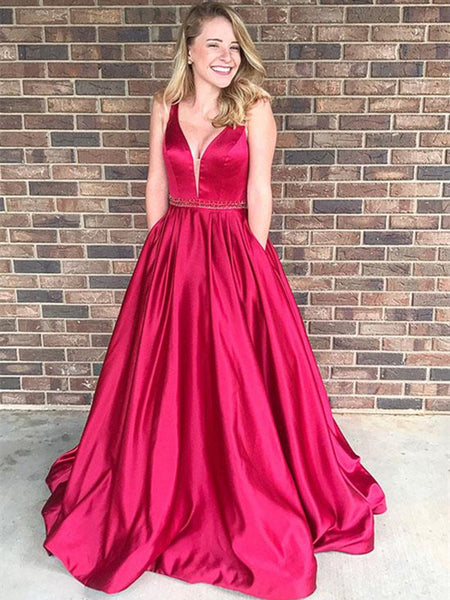 Custom Made Red V Neck Satin Prom Dress, Red V Neck Formal Dress – jbydress