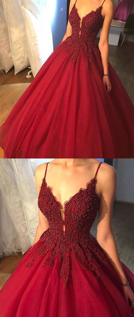 Beaded V Neck Burgundy Prom Dress with Lace Flowers, Burgundy Formal G ...