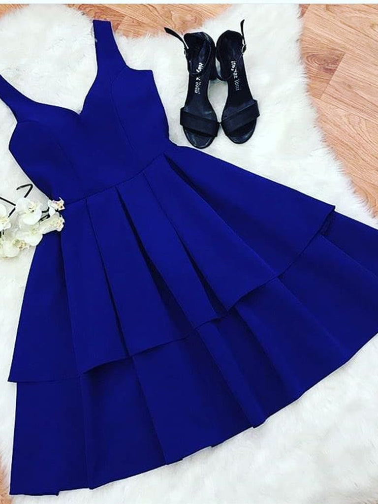 A Line V Neck Short Royal Blue Prom 