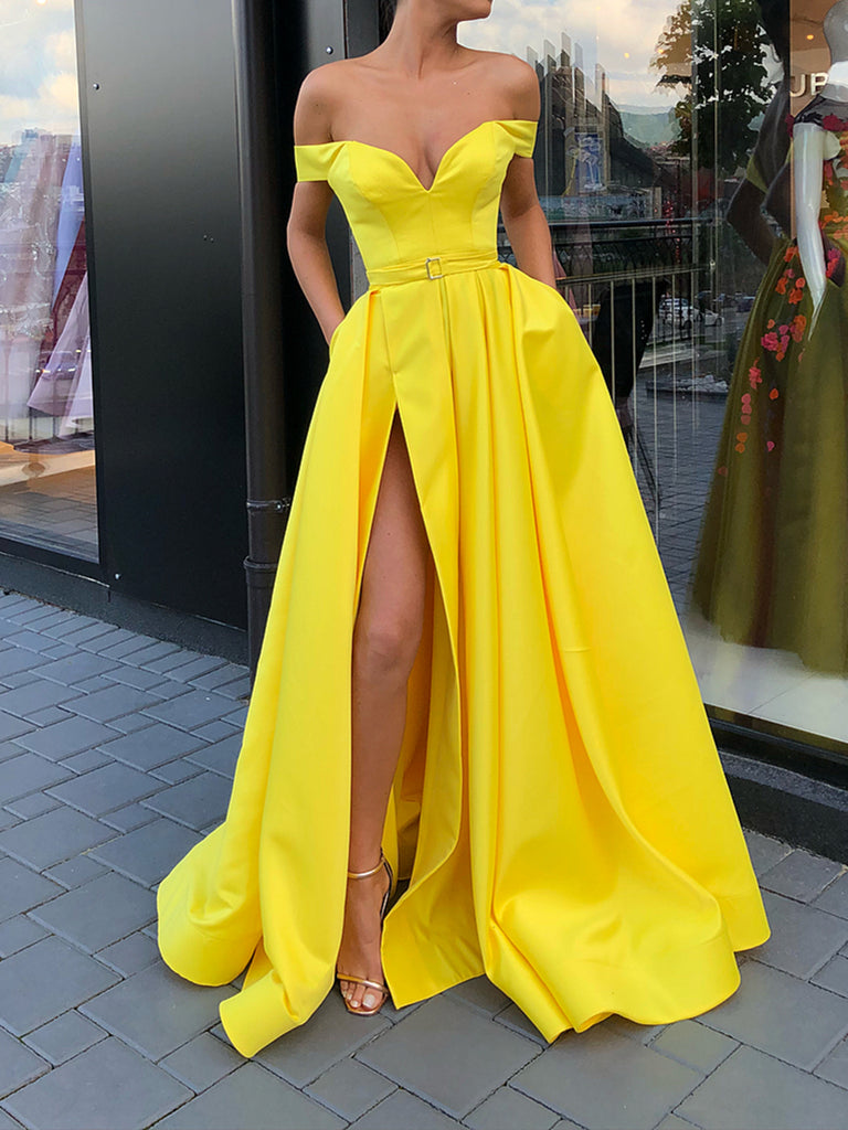 Off the Shoulder Yellow Prom Dress with Leg Slit, Yellow Off Shoulder ...