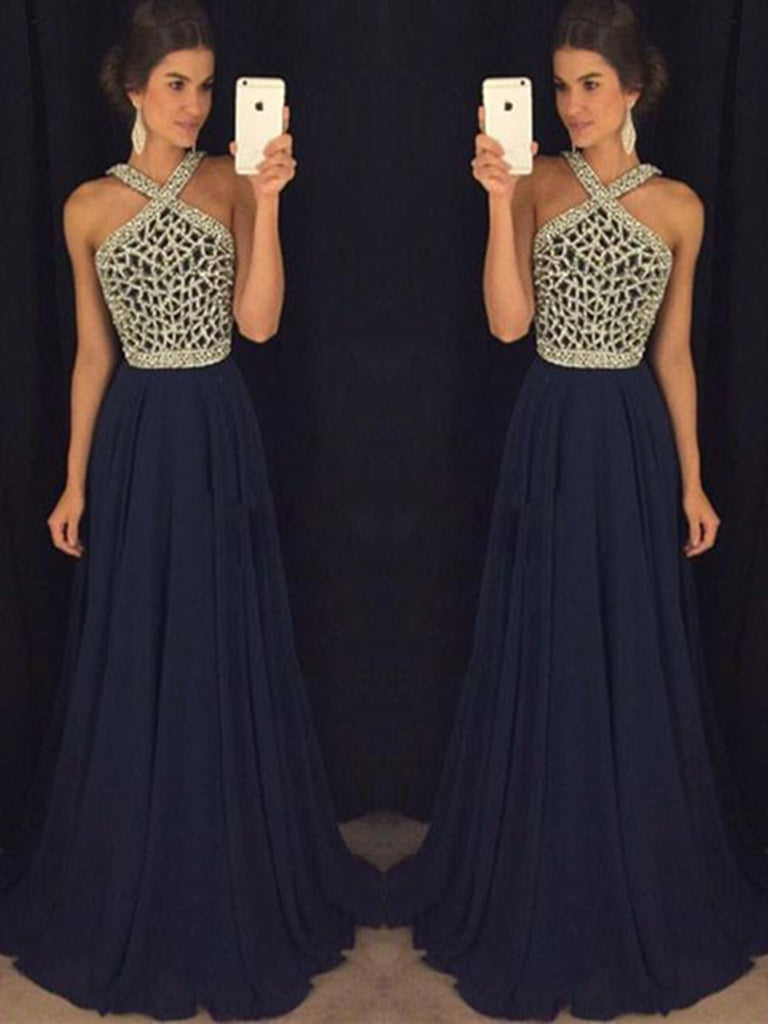 blue halter neck prom dress