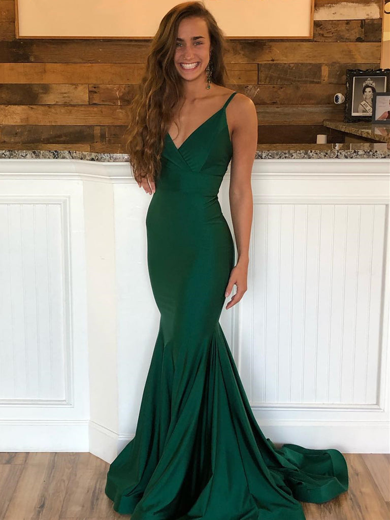 emerald green v neck prom dress