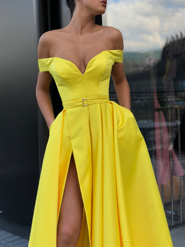 one shoulder yellow prom dress