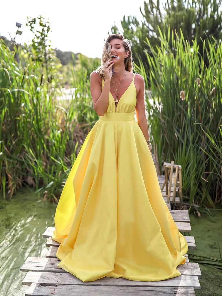 yellow spaghetti strap prom dress