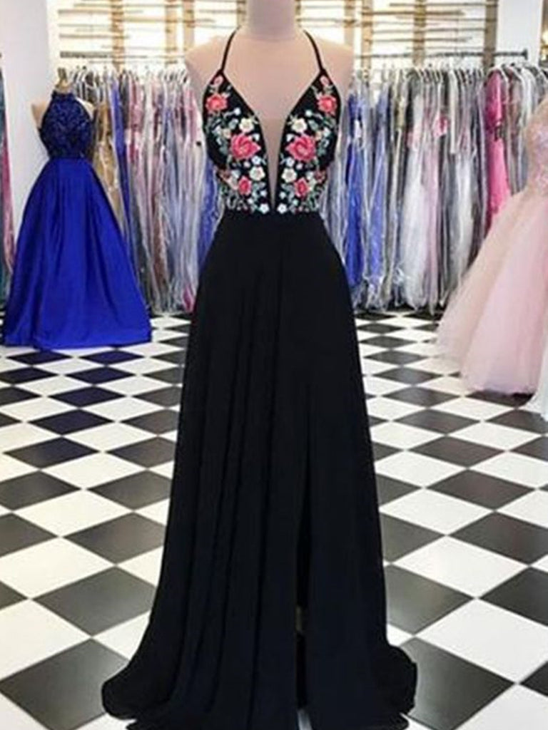 black and floral prom dress