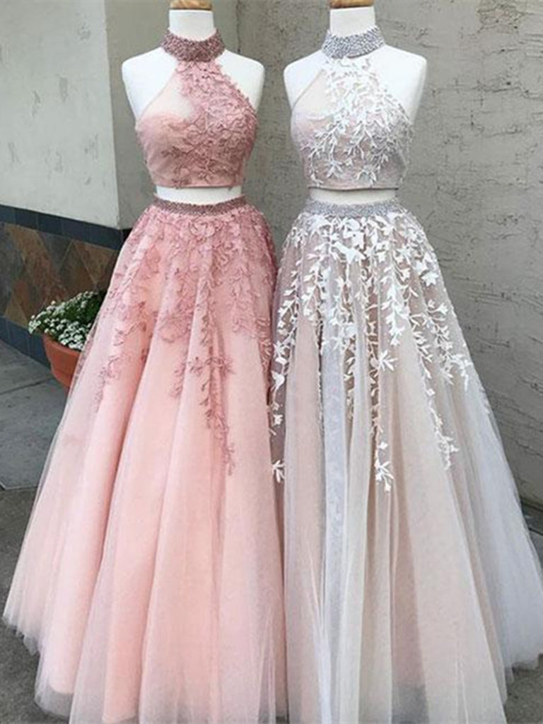 2 Pieces Champagne Pink  Lace Prom  Dress  2 Pieces Lace 