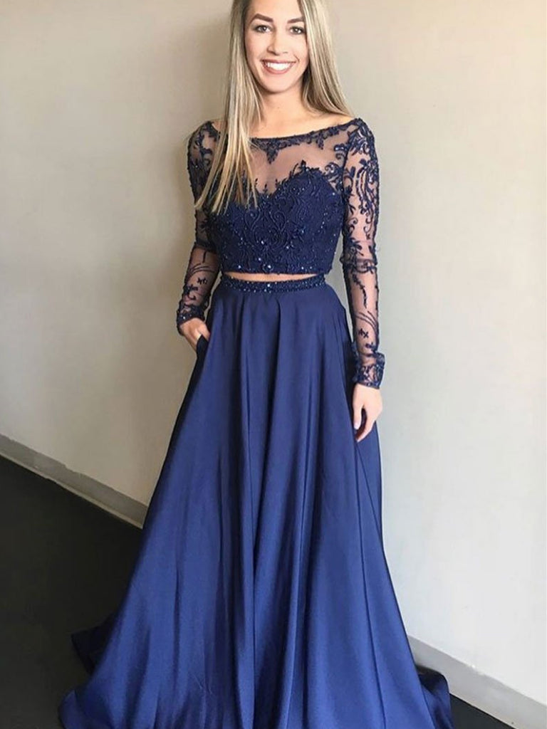 Blue Lace Prom Dress With Sleeves ...
