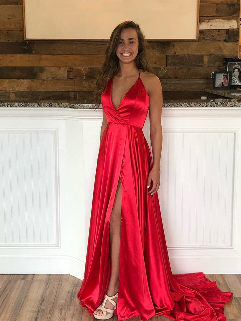 A Line Halter Neck Red Prom Dresses 