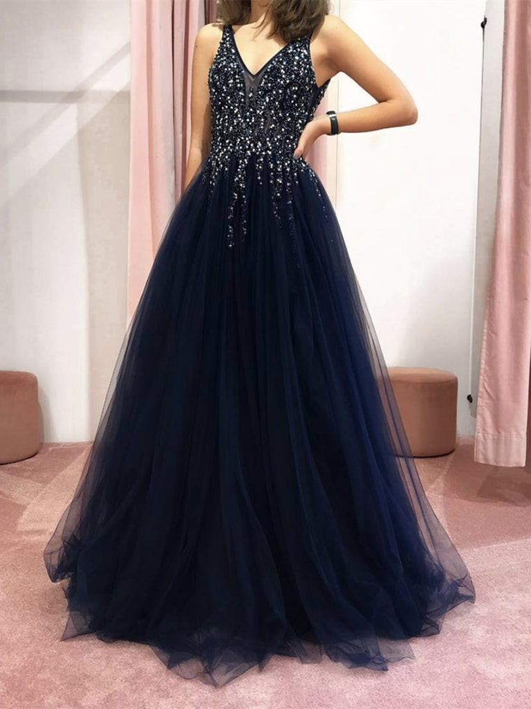 navy blue beaded gown