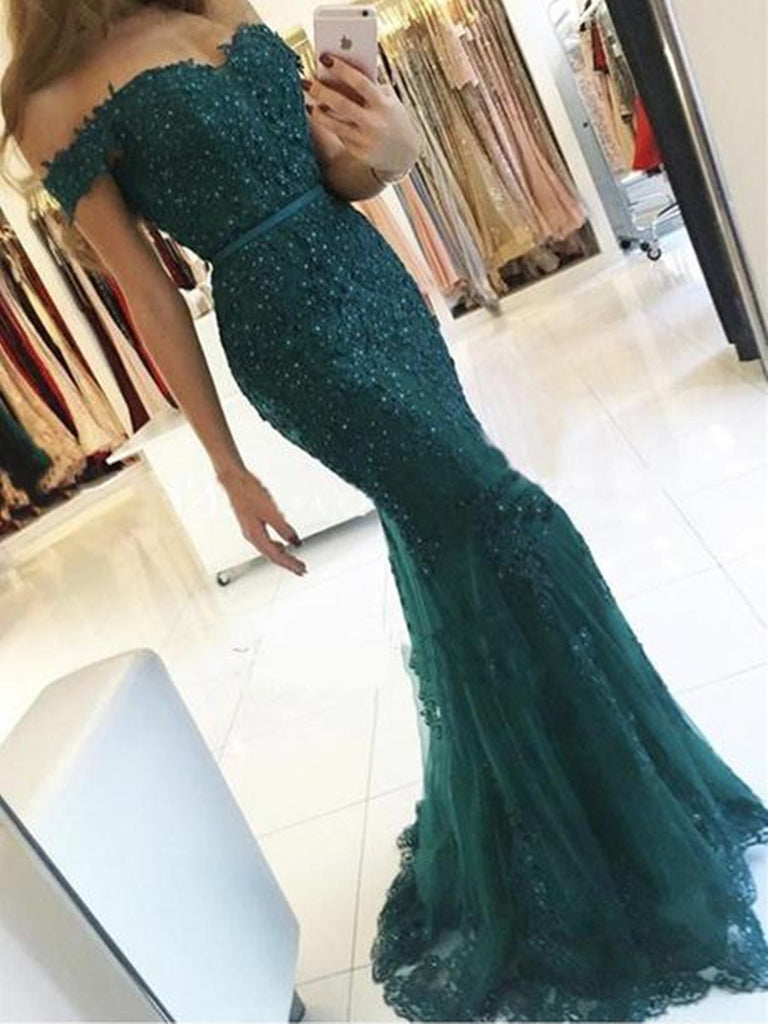 green off the shoulder dress prom