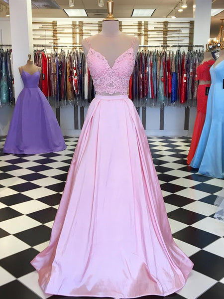 A Line V Neck 2 Pieces Pink Lace Prom Dresses, Pink 2 Pieces Lace Form ...