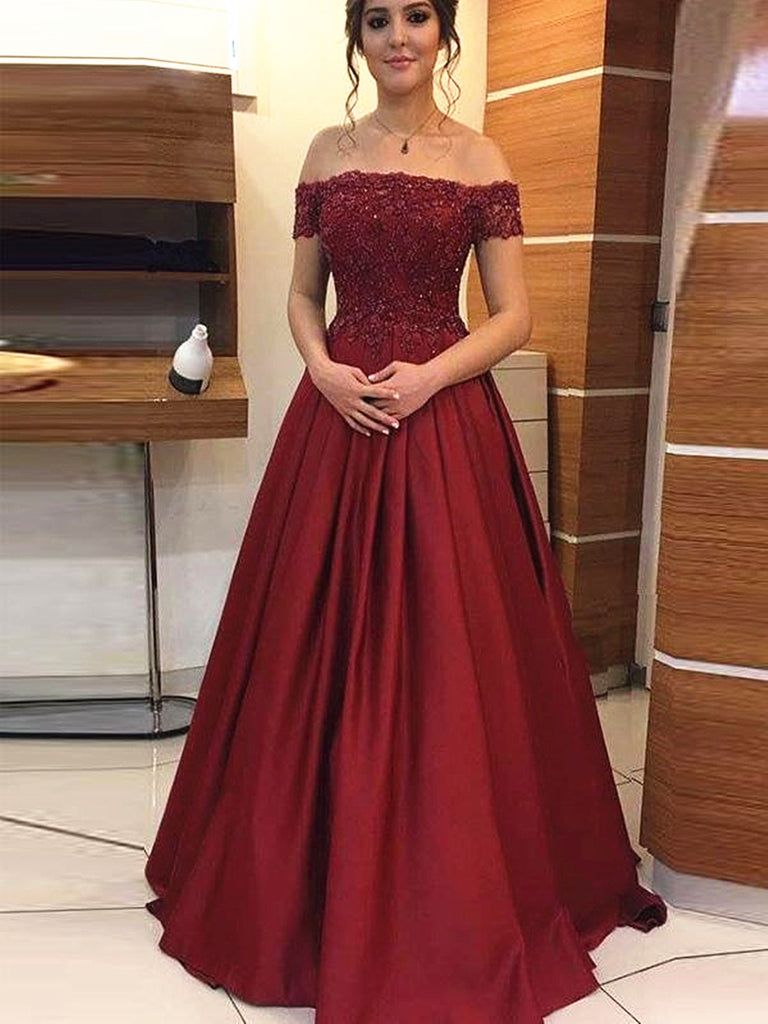 burgundy off the shoulder prom dress