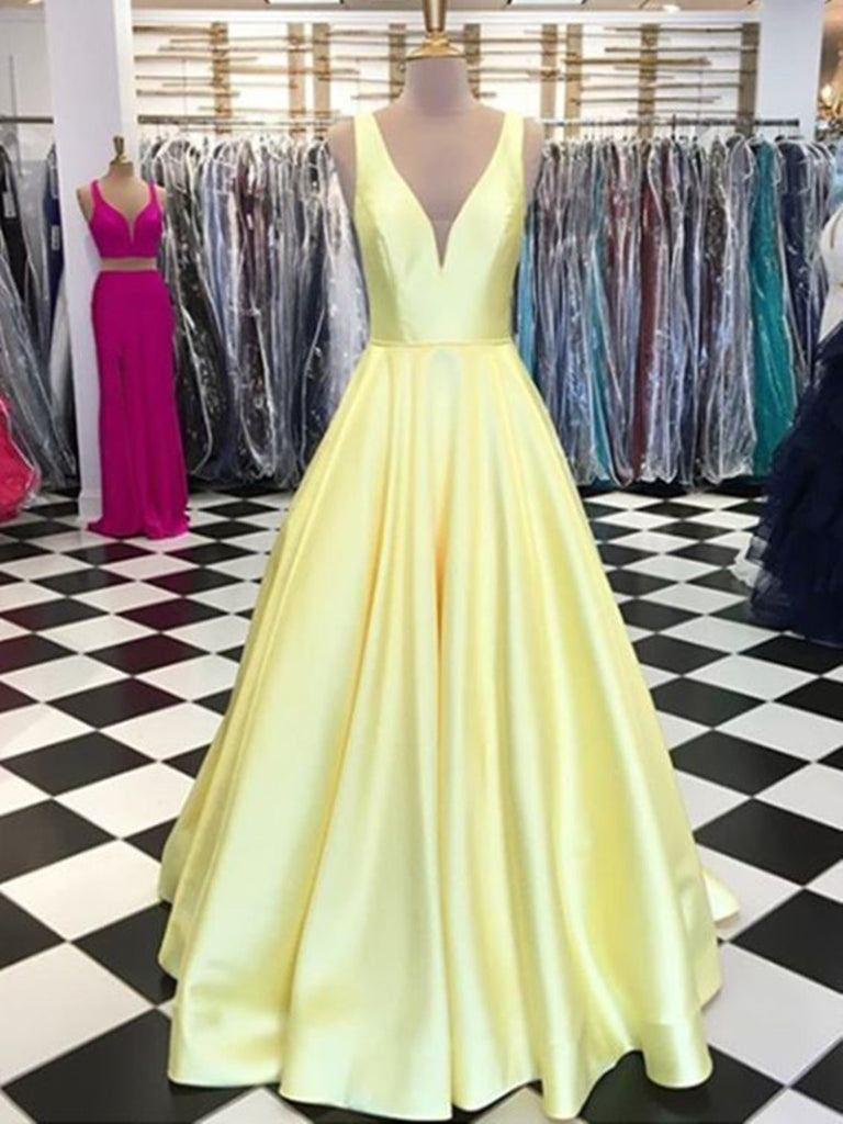 yellow a line prom dress