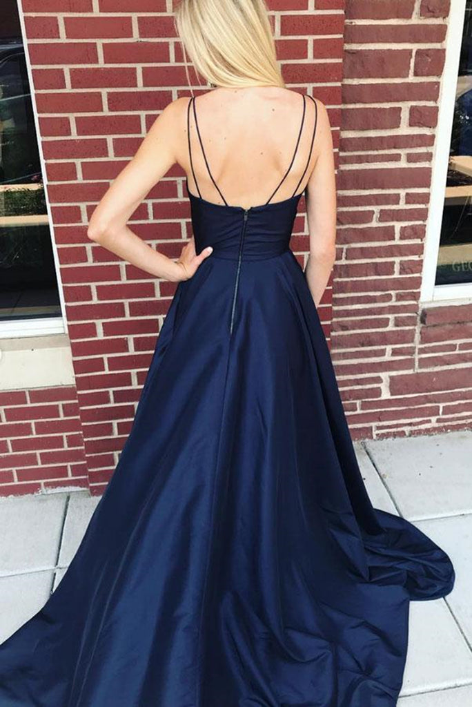 navy blue spaghetti strap prom dress