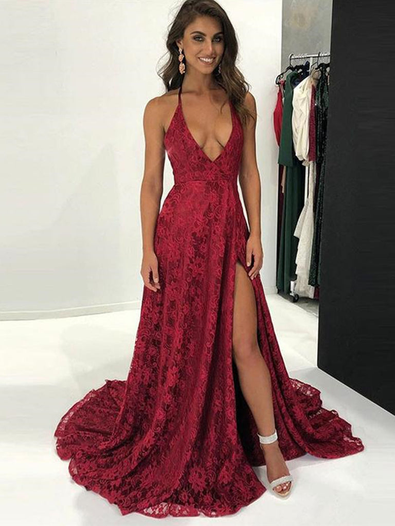 lace maroon prom dress