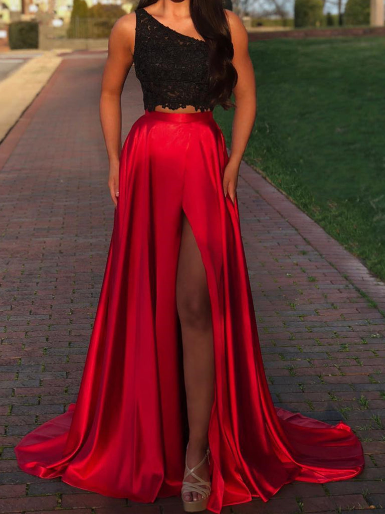 red and black lace prom dress