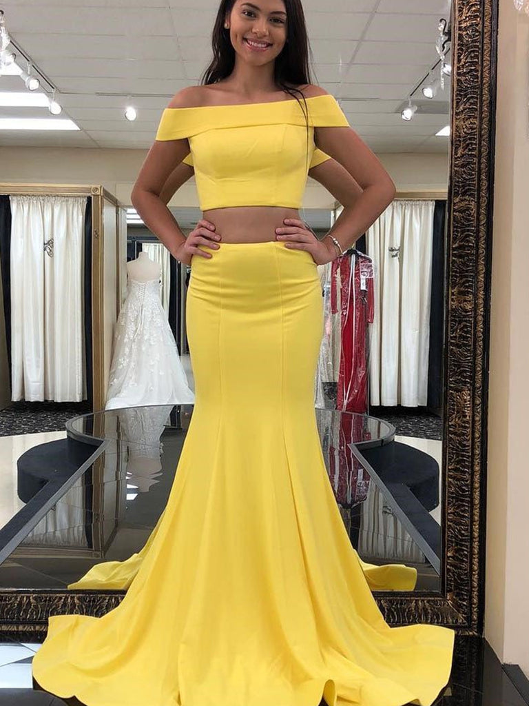 yellow off the shoulder mermaid dress