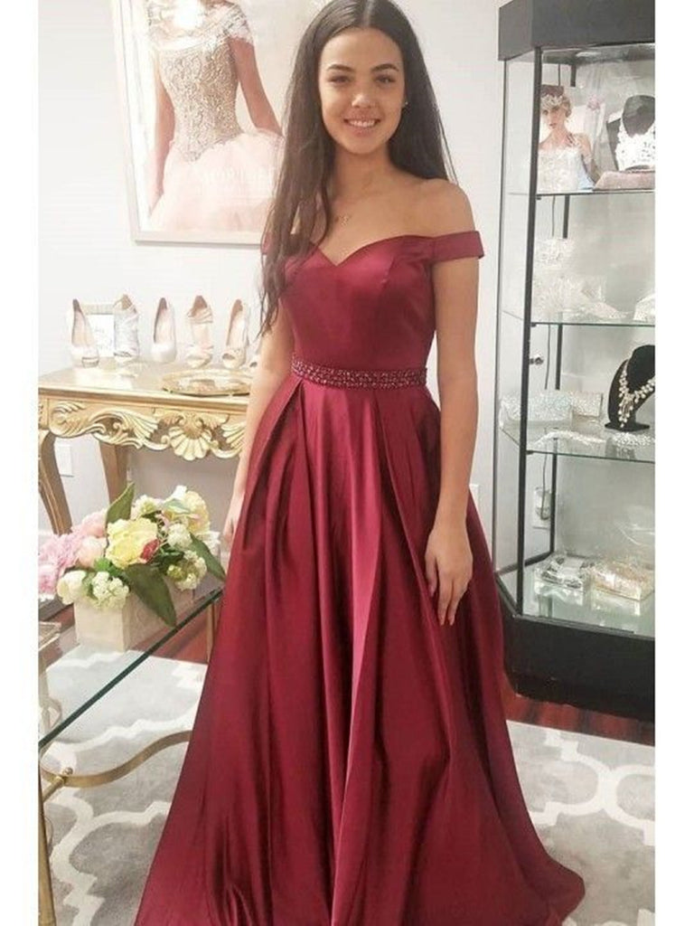 burgundy off the shoulder prom dress