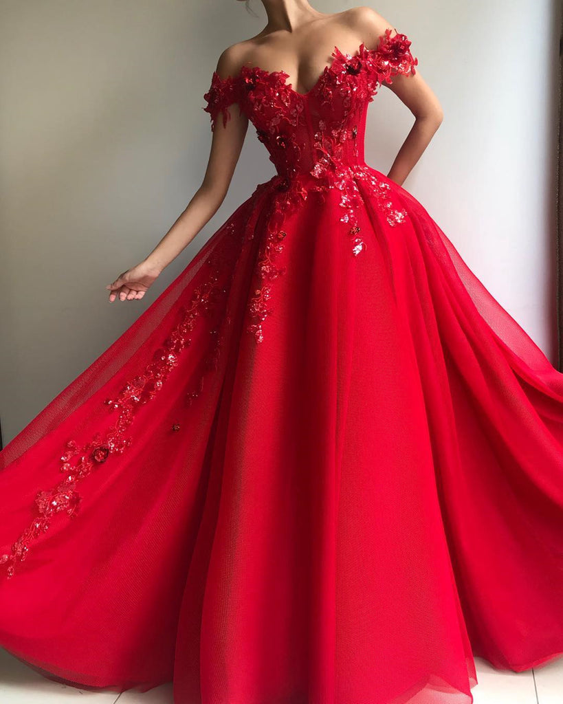 Sweetheart Neck Off Shoulder Red Lace Prom Dresses Long, Off The Shoul ...