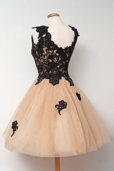 Custom Made Short Champagne Prom Dresses with Black Lace Appliques, Ch ...