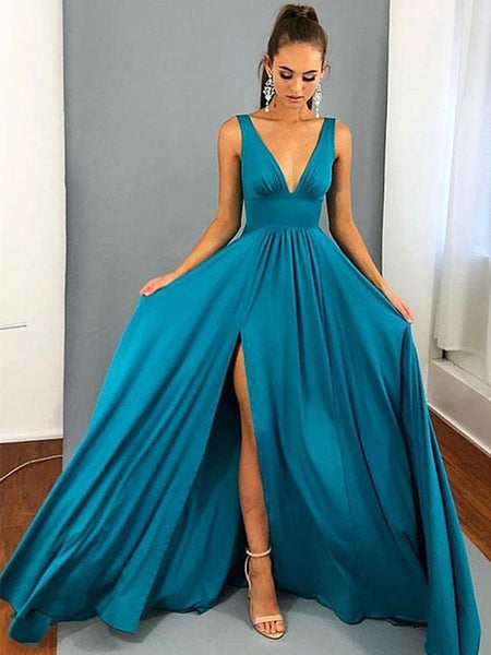 A Line V Neck Blue Prom Dresses, Blue V Neck Graduation Dresses, Forma ...