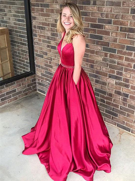 Custom Made Red V Neck Satin Prom Dress, Red V Neck Formal Dress – jbydress
