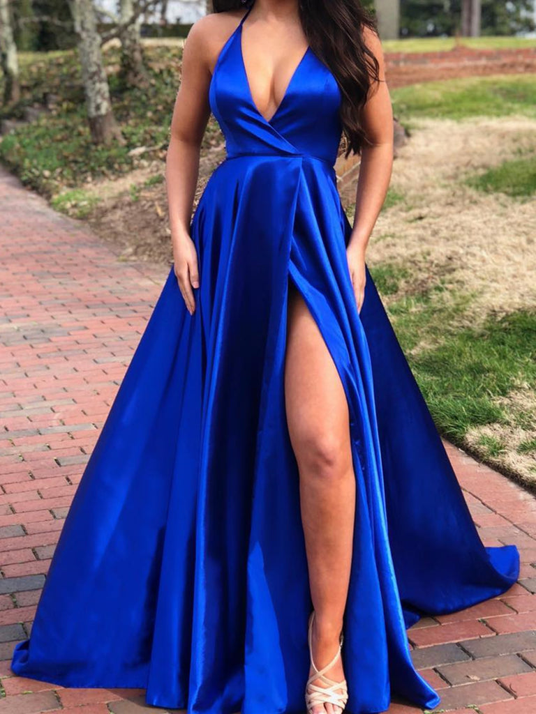 royal blue high neck prom dress