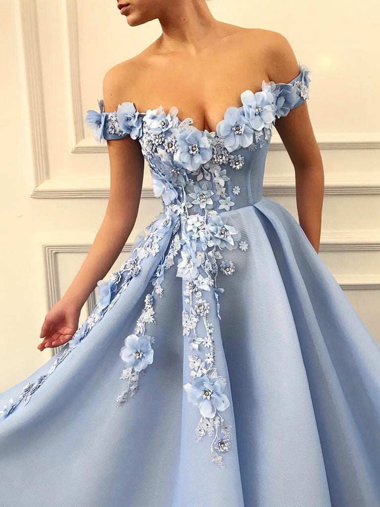 Off Shoulder Blue Lace Prom Dresses Long, Blue Floral Off the Shoulder