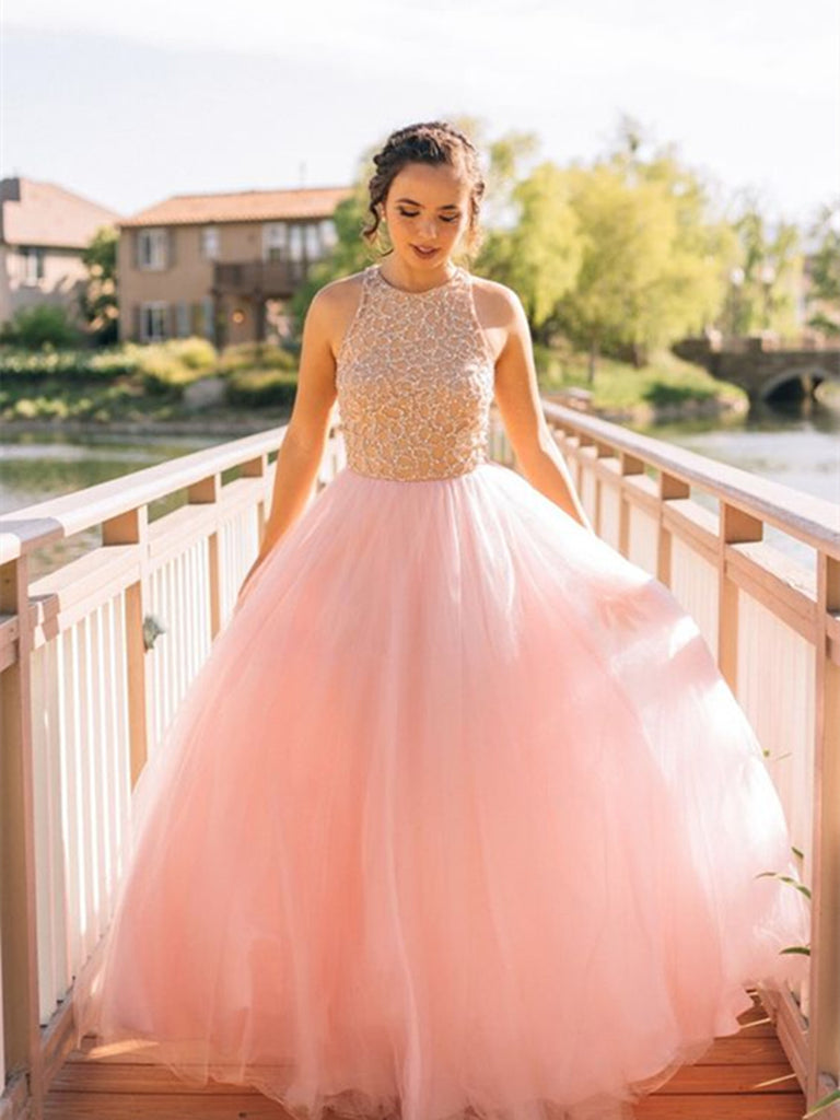 Custom Made Round Neck Pink  Prom  Dresses  Pink  Formal 