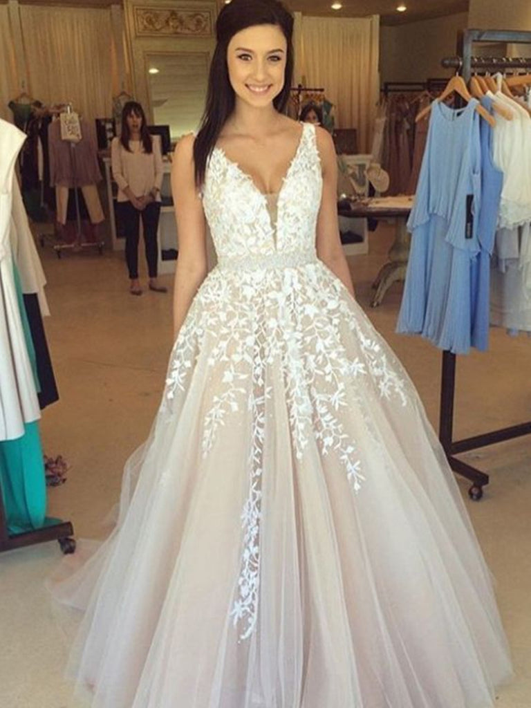 Elegant A Line V Neck Lace Wedding Dresses, Lace Prom Dresses, Formal