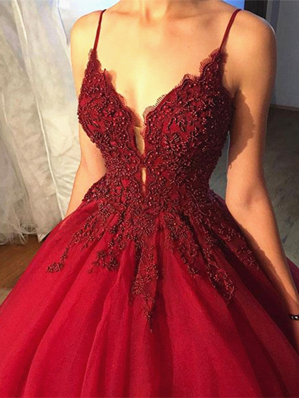 Beaded V Neck Burgundy  Prom  Dress  with Lace Flowers  