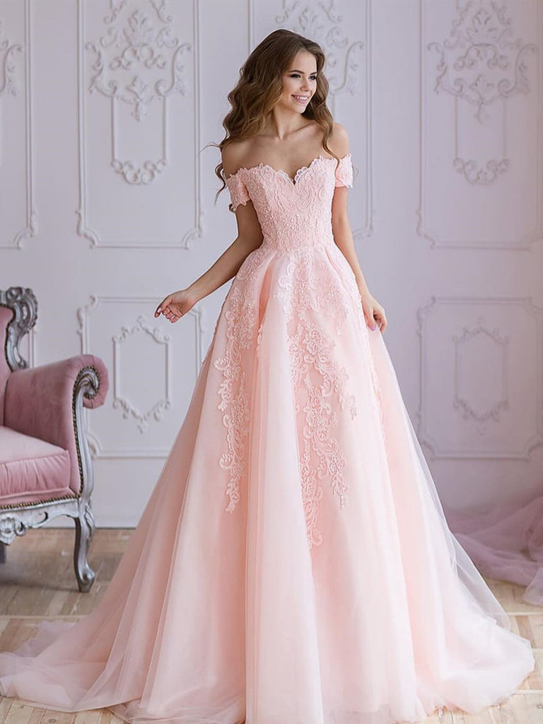 Welp A Line Off Shoulder Pink Lace Prom Dresses, Pink Lace Wedding EY-07
