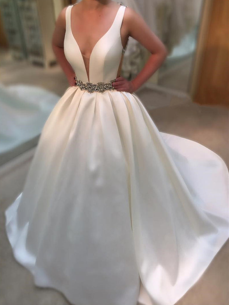 White Deep V Neck Backless Wedding 