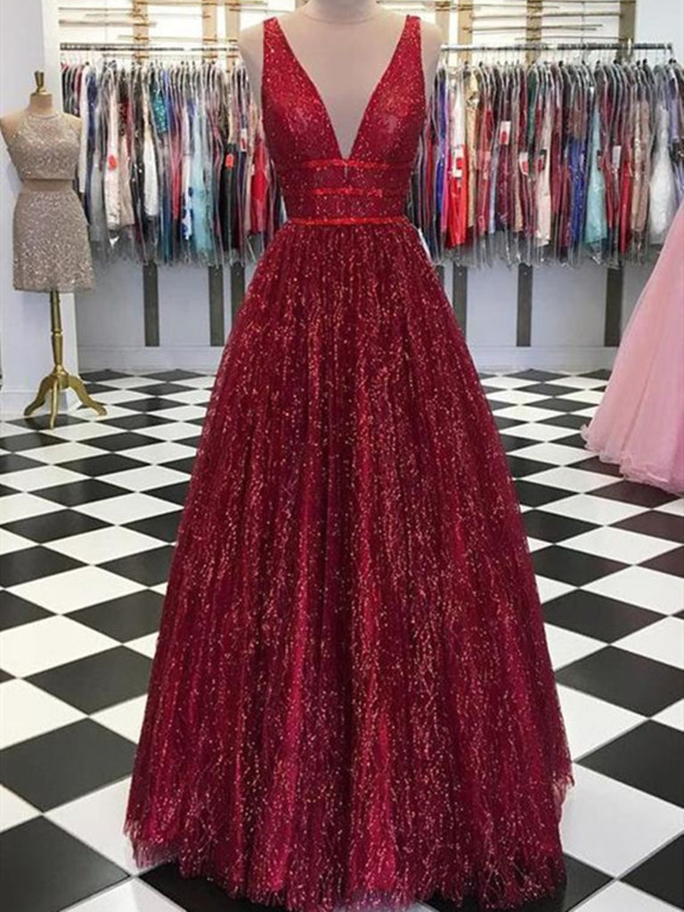 burgundy v neck prom dress