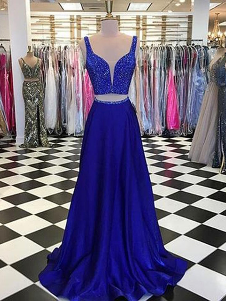 A Line 2 Pieces Royal Blue Beaded Prom Dresses, Royal Blue 2 Pieces Fo ...