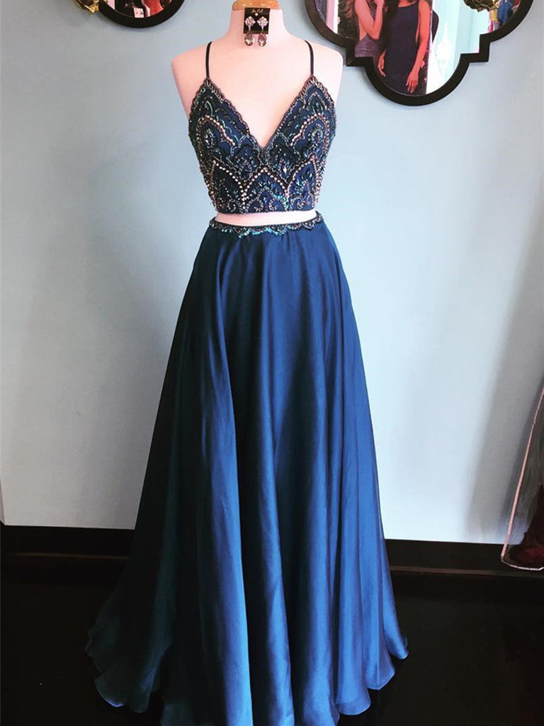 2 piece navy blue prom dress