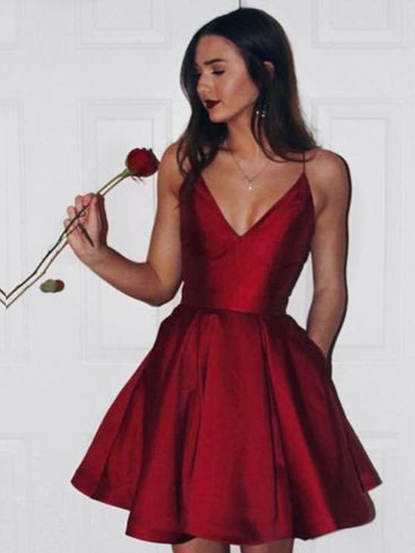 Sexy A Line V Neck Short Burgundy Prom Dress with Spaghetti Straps, Sh ...