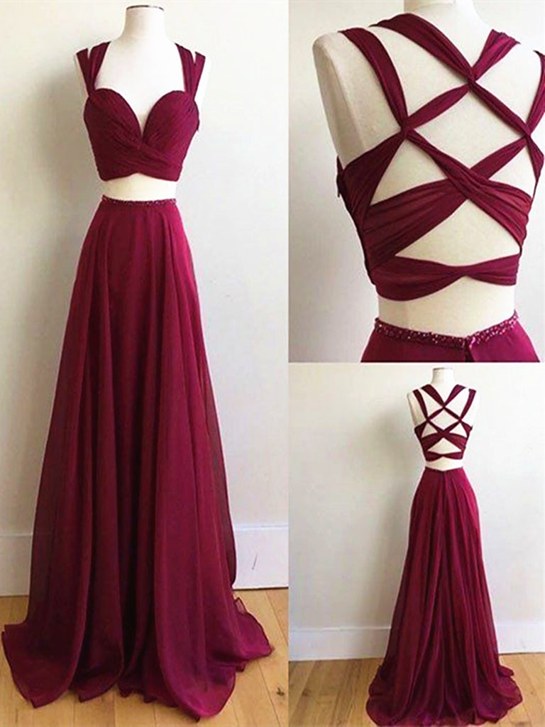 2 piece burgundy prom dress