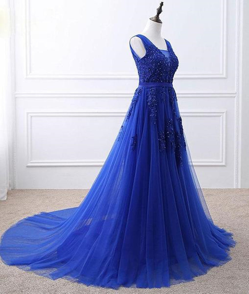 A Line V Neck Royal Blue Lace Prom Dresses, Royal Blue Lace Formal Dre ...