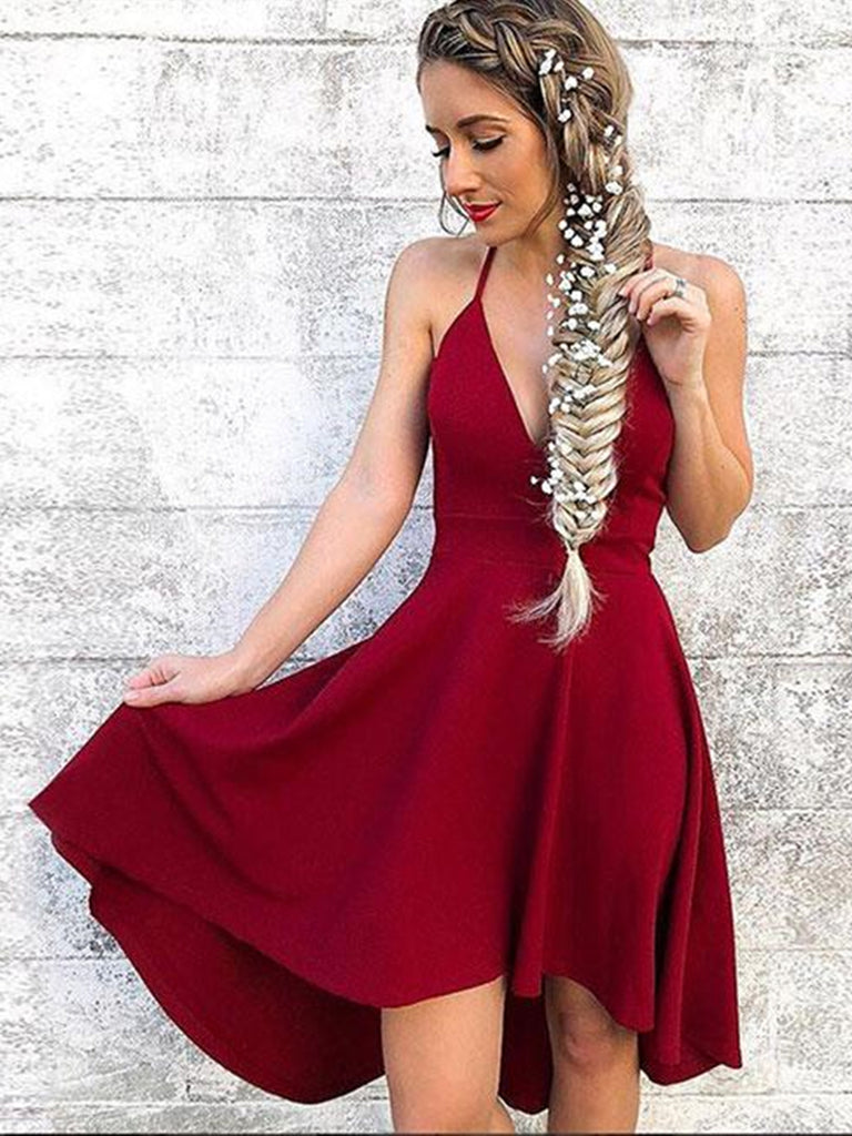 burgundy high low prom dresses