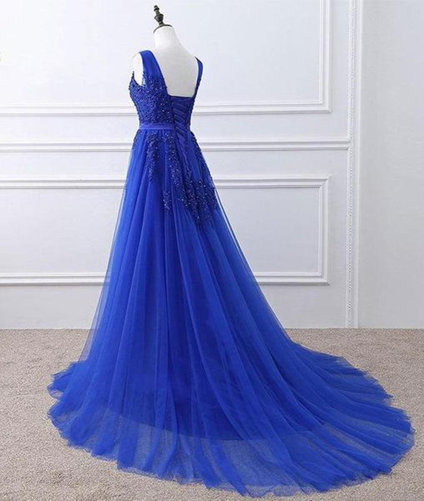 A Line V Neck Royal Blue Lace Prom Dresses, Royal Blue Lace Formal Dre ...