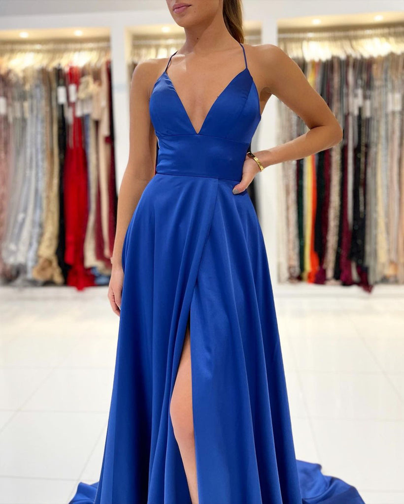 A Line V Neck Backless Royal Blue Long Prom Dresses, Open Back Royal B ...