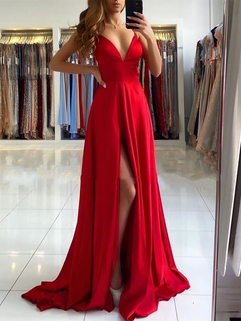 A Line V Neck Red Long Backless Prom Dresses Red Long