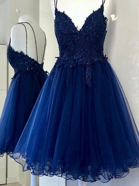 A Line V Neck Short Blue Prom Dresses, Short Blue Lace Graduation Home ...
