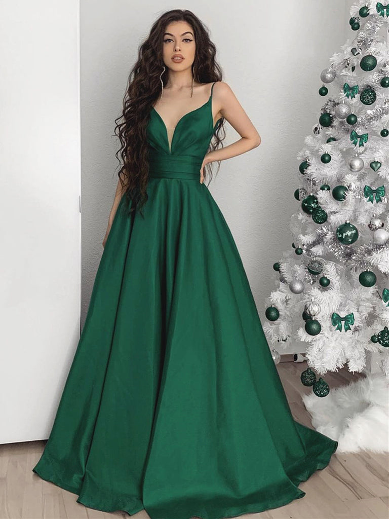 emerald green a line prom dress
