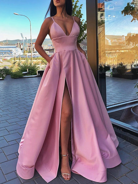 A Line V Neck Gray/Red/Pink Prom Dresses, Gray/Red/Pink Formal Evening ...