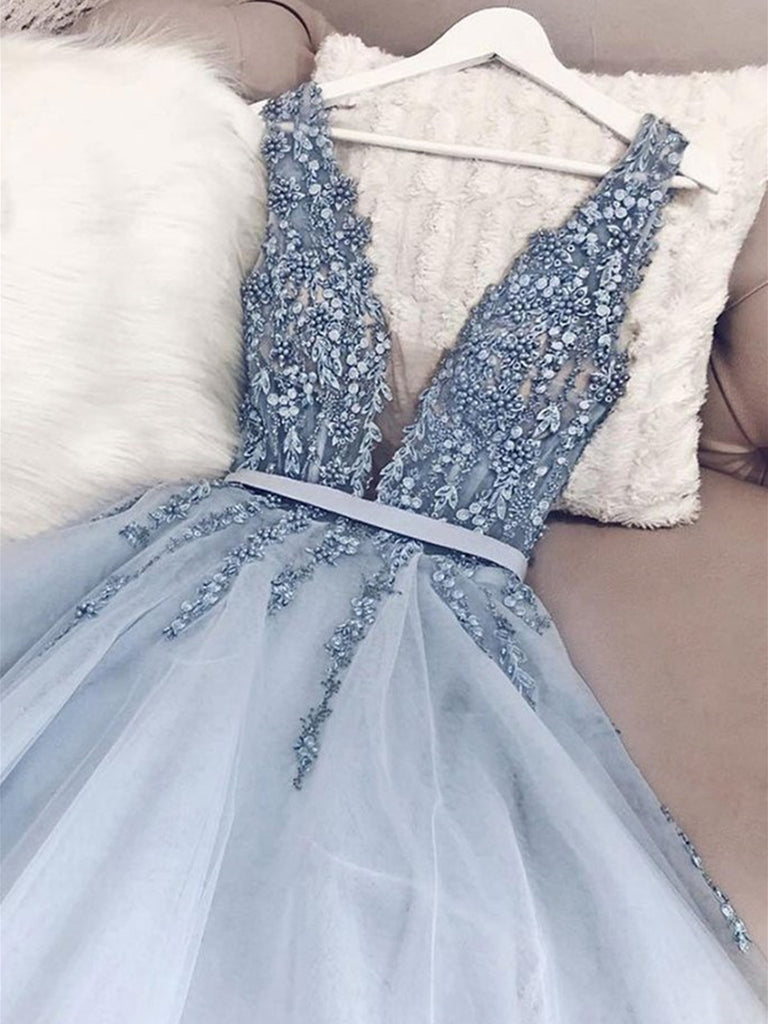 light blue beaded prom dress